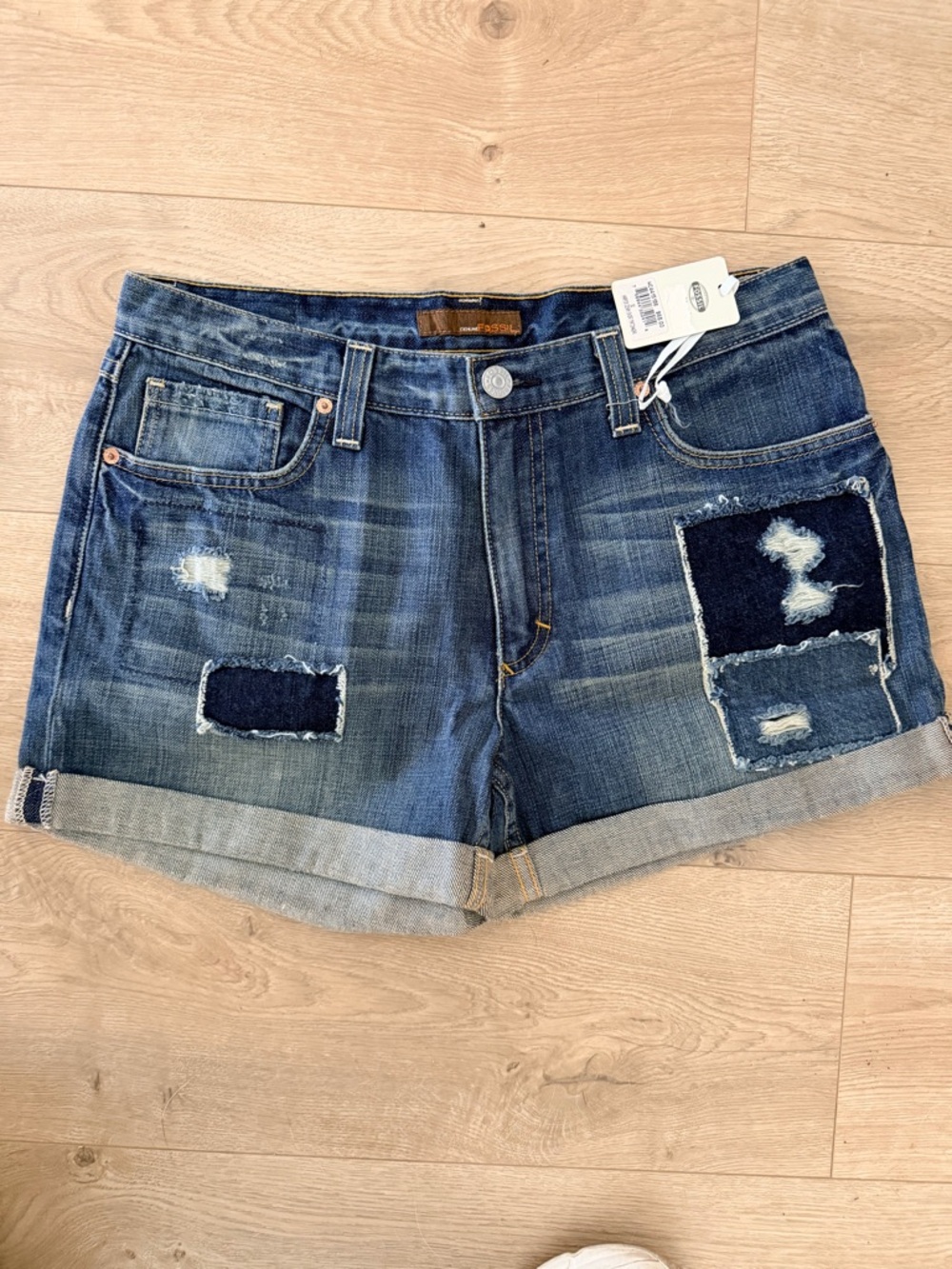 Fossil Blue Distressed Patch Denim Shorts
